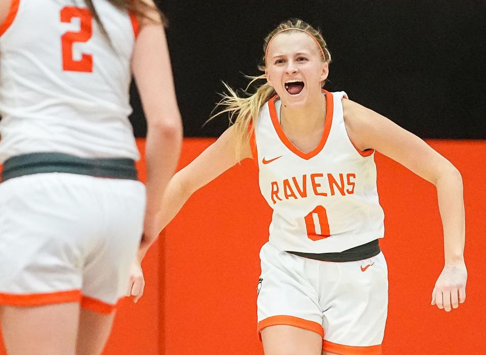 Anderson Ravens guard Lexi Dellinger (0) yells to her teammates during the game against Hanover University on Wednesday, Feb. 1, 2023 at O.C. Lewis Gymnasium at Anderson University in Anderson. 