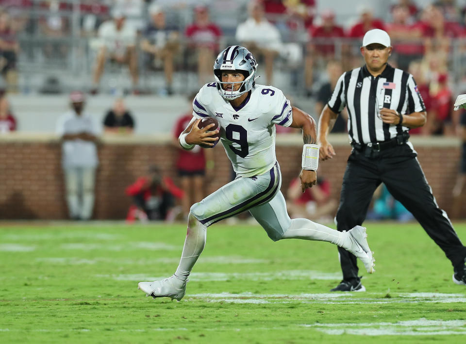 NORMAN, OK - SEPTEMBER 24: Kansas State Wildcats QB Martinez, Adrian (09)during a game between the Oklahoma Sooners and the Kansas State Wildcats at Gaylord Memorial Stadium in Norman, Oklahoma on September 24, 2022. (Photo by David Stacy/Icon Sportswire via Getty Images)