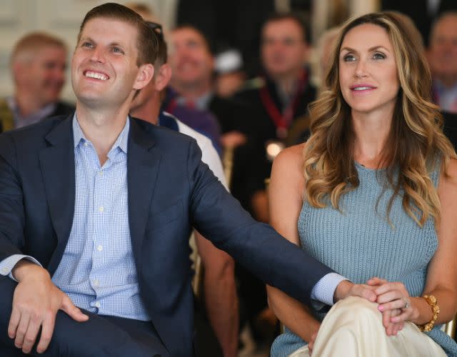 TURNBERRY, SCOTLAND – JUNE 28: Eric Trump and his wife Lara attend the opening Trump Turnberry’s new golf course the King Robert The Bruce course on June 28, 2017 in Turnberry, Scotland. Formerly the Kintyre Course, it has been redesigned and upgraded and forms the second course to the acclaimed championship Ailsa course. (Photo by Jeff J Mitchell/Getty Images)