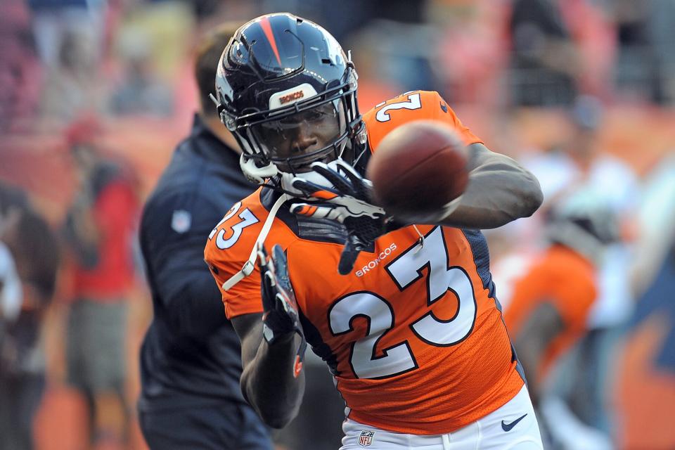 Denver Broncos quarterback Ronnie Hillman during warmups before the preseason game against the San Francisco 49ers at Sports Authority Field at Mile High on Saturday, August 20, 2016.