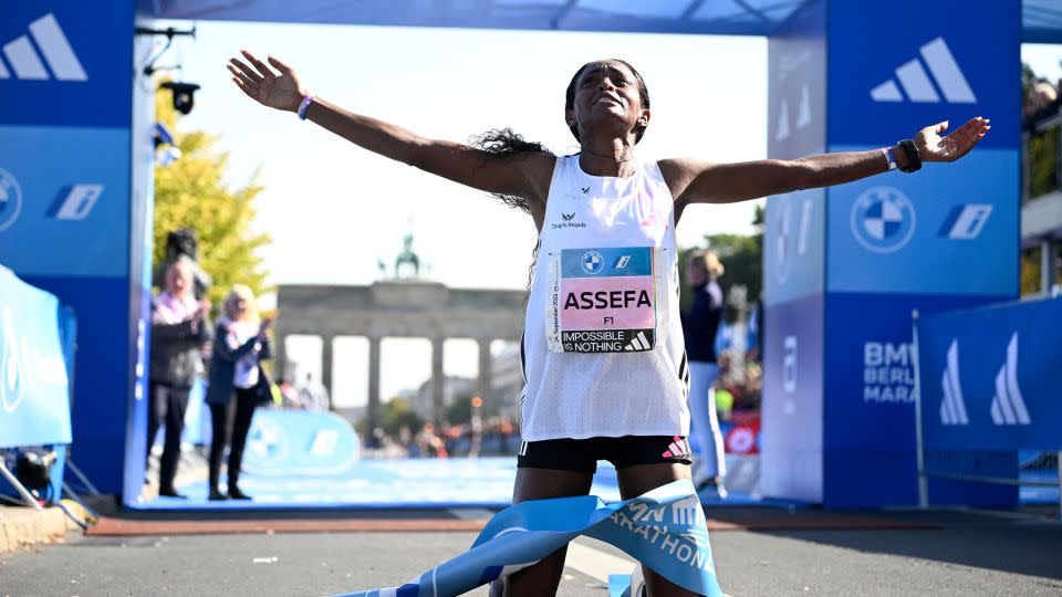 Assefa celebrates her huge world record in Berlin. - Tobias Schwarz/AFP/Getty Images