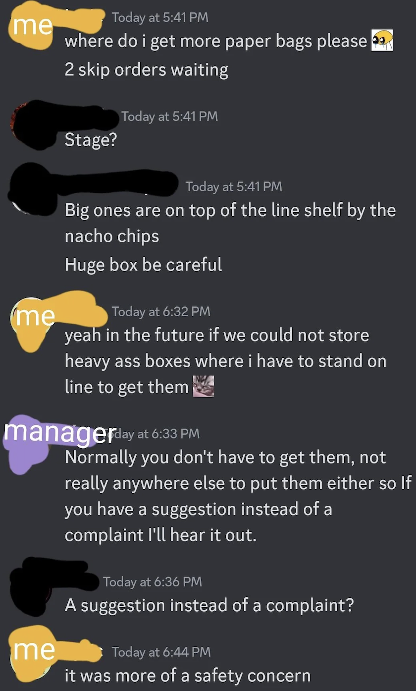 Chat conversation about storing heavy boxes and paper bags, with concerns about placement and safety