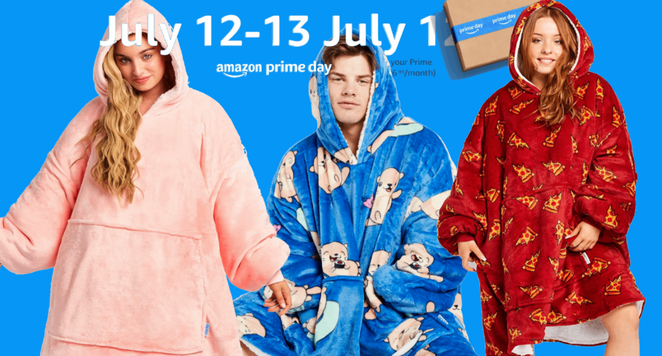 Three people wearing Oodies against a blue Amazon Prime Day backdrop