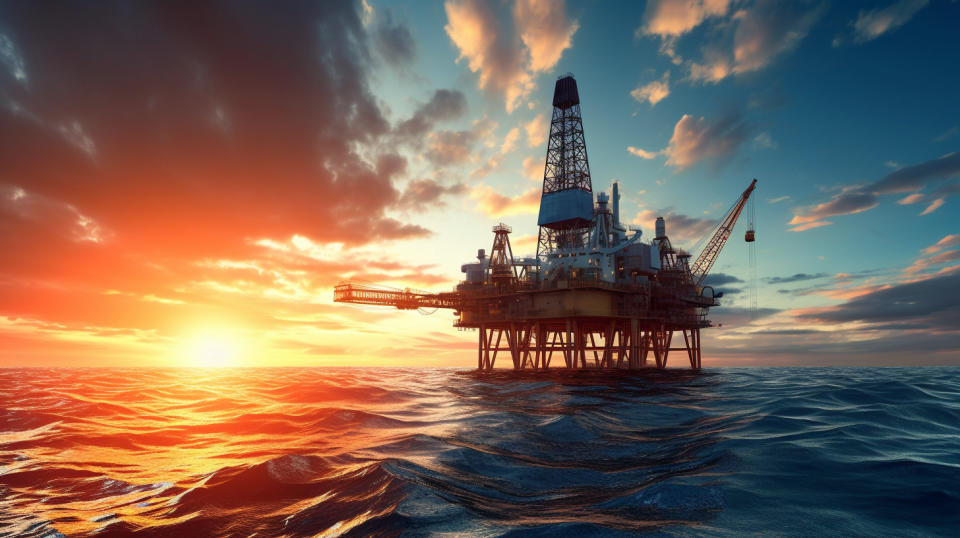 An oilrig in the middle of the ocean as the sun sets beyond the horizon.