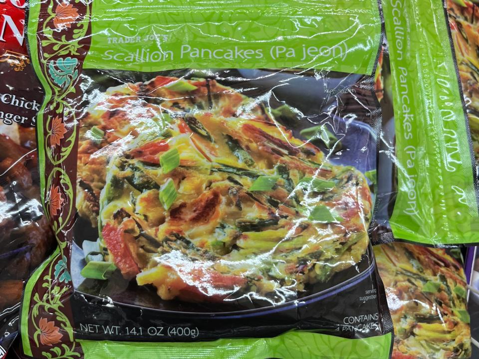 Trader Joe's bag of frozen scallion pancakes in store