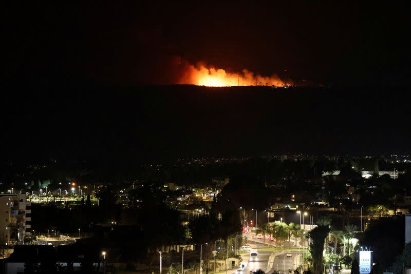 A view shows smoke and fire in Lebanon, near the border with Israel, as seen from Nahariya in northern Israel