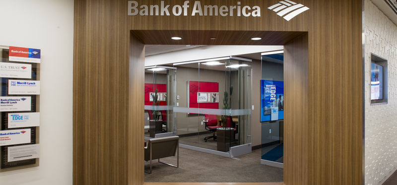 A Bank of America branch entrance.