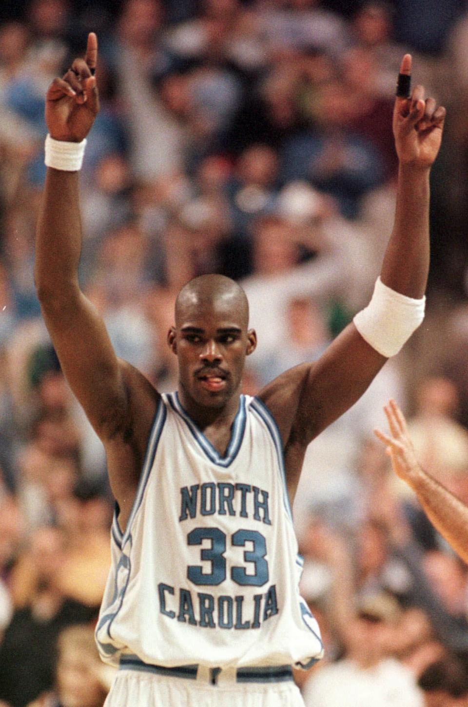 North Carolina’s Antawn Jamison reacts in the closing moments of their 75-64 win over Connecticut in the NCAA East Regional final game in Greensboro, N.C., Saturday, March 21, 1998. Jamison was the tournament MVP.(AP Photo/Chuck Burton)