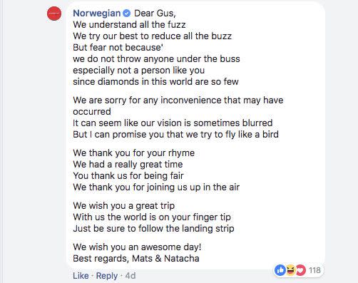 Norwegian Air's delightful response. Source: Facebook/Gus Dolding