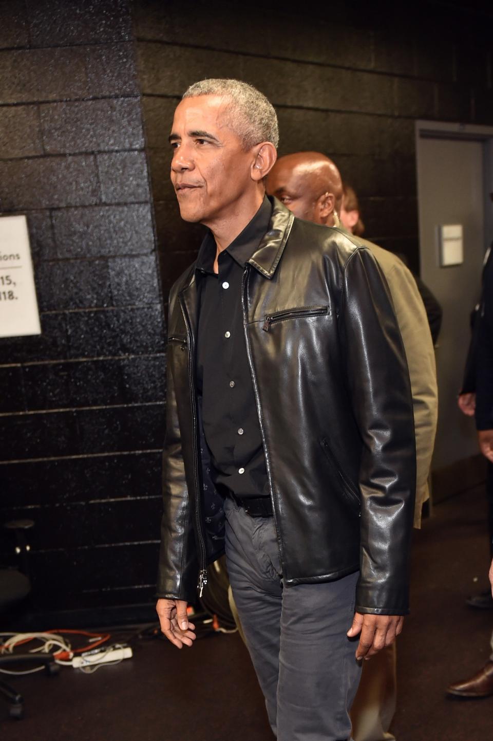 The 44th president of the United States, Barack Obama, arrives for Game Two of the NBA Finals between the Golden State Warriors and the Raptors in Toronto, June 2, 2019.