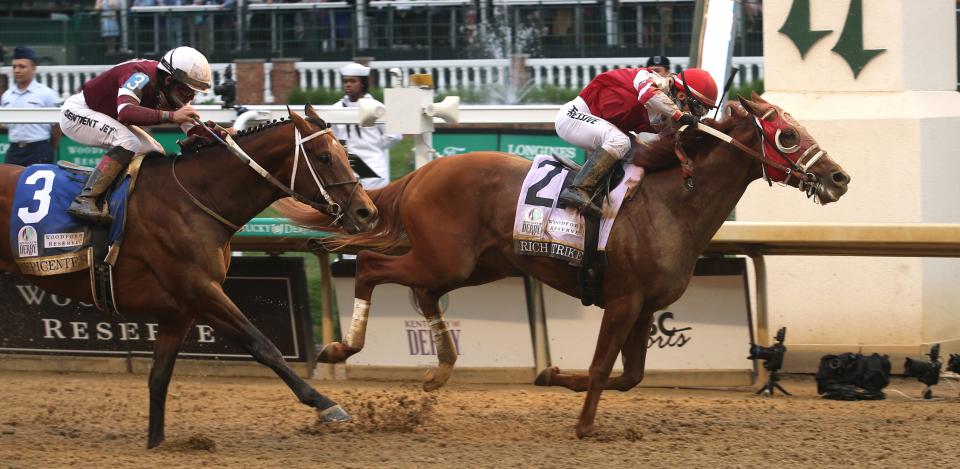 Rich Strike, ridden by Sonny Leon, won the 148 Kentucky Derby race with Epicenter, ridden by Joel Rosario, coming in second.May 7, 2022