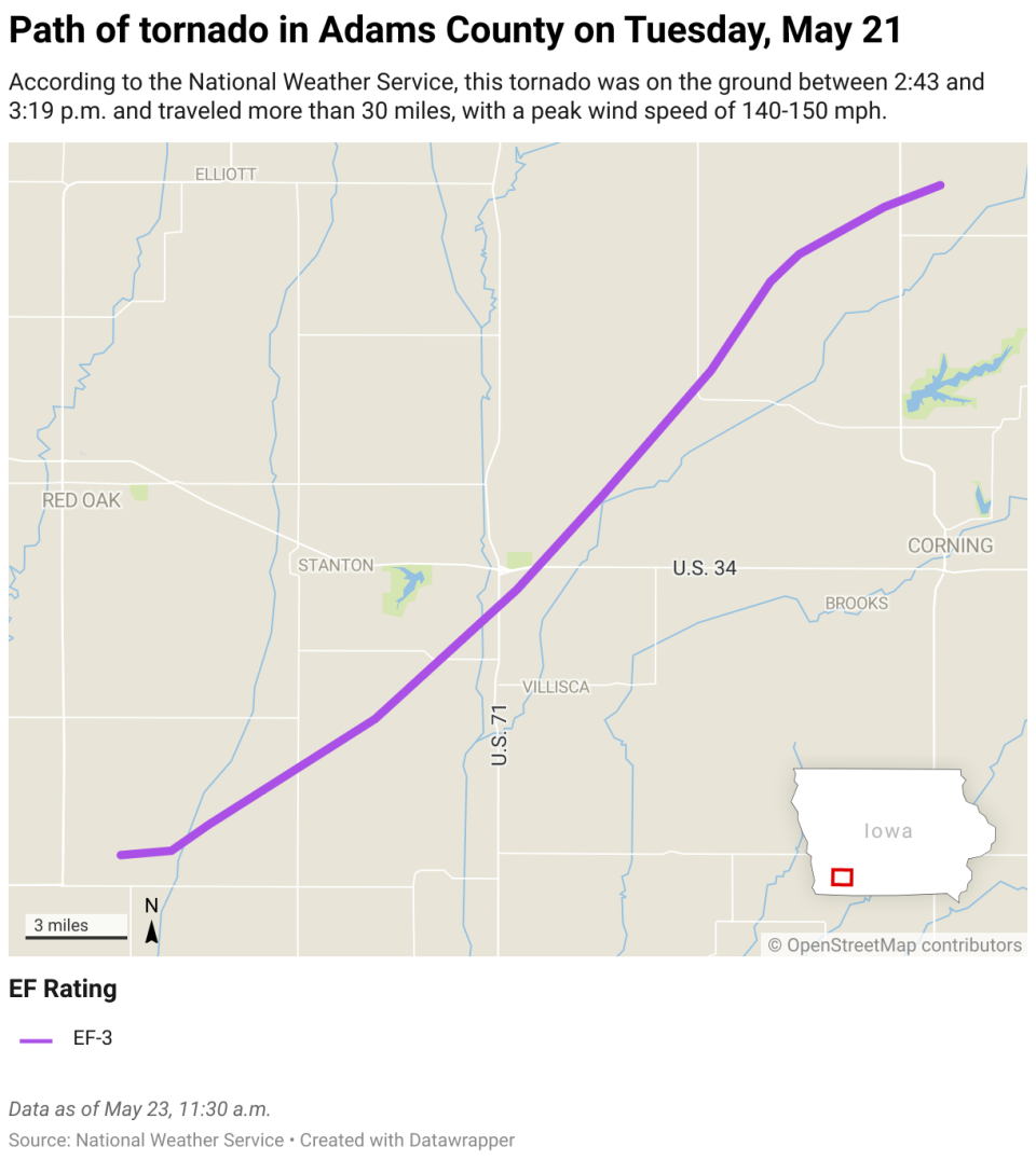 A map of Adams County, Iowa showing the path of a tornado beginning south of Red Oak and traveling northeast, past Stanton and Villisca, before ending north of Corning.