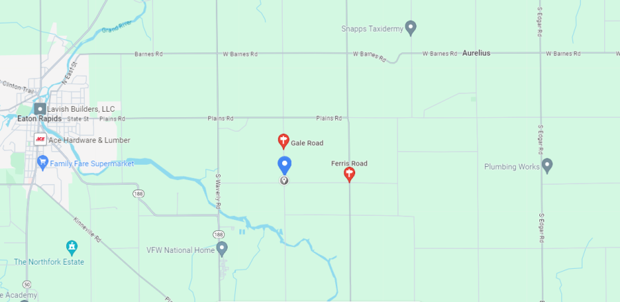 The fire occurred near the intersection of Gale Rd. and Ferris Rd. in rural Ingham County on Wednesday. (Screen shot of Google map/WLNS)