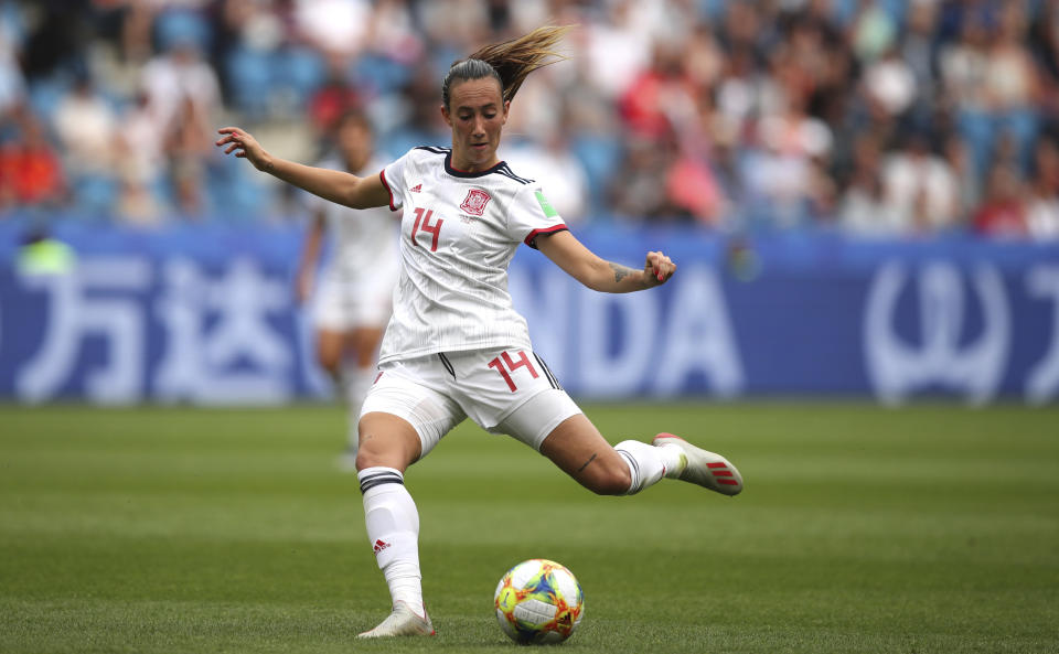 Spain's Virginia Torrecilla passes the ball during the Women's World Cup Group B soccer match between China and Spain at the Stade Oceane in Le Havre, France, Monday, June 17, 2019. (AP Photo/Francisco Seco)