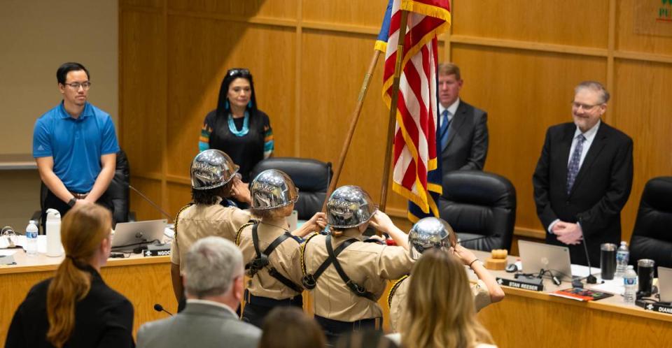 Cadets from the Jardine Middle School JROTC program present the colors before the start of the Wichita school board meeting on Monday night. The board voted to close their school a couple of hours later. Travis Heying/The Wichita Eagle