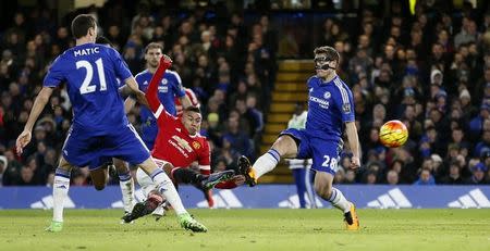 Football Soccer - Chelsea v Manchester United - Barclays Premier League - Stamford Bridge - 7/2/16 Manchester United's Jesse Lingard scores their first goal Reuters / Stefan Wermuth/Livepic