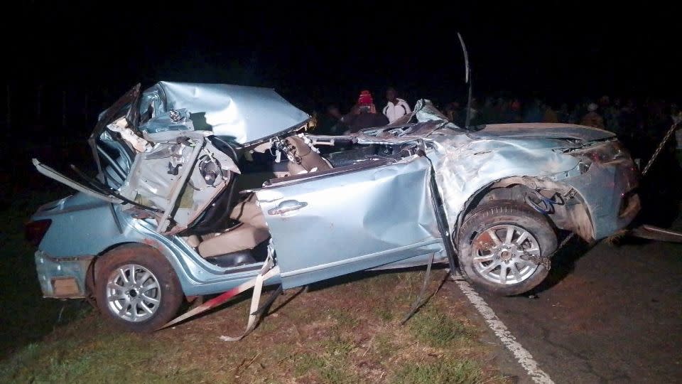 The wreckage of the vehicle in which Kenya's marathon world record holder Kelvin Kiptum and his coach were killed in a traffic accident near the Rift Valley town of Eldoret, Kenya on February 12. - Stringer/Reuters