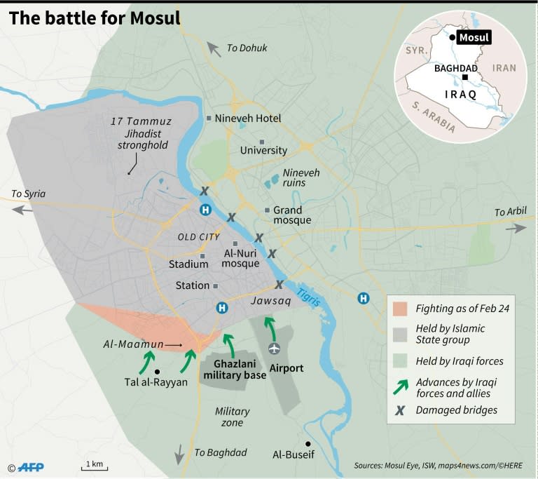 Iraqi forces in Mosul on February 26, 2017 during an operation to retake the city from Islamic State group fighters