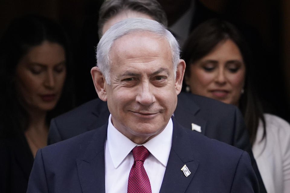 Israeli Prime Minister Benjamin Netanyahu leaves 10 Downing Street after a meeting with Britain's Prime Minister Rishi Sunak in London, Friday, March 24, 2023.(AP Photo/Alberto Pezzali)