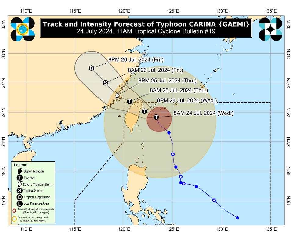 Map shows expected arrival time and intensity of typhoon Gaemi, also known as Carina (PAGASA)