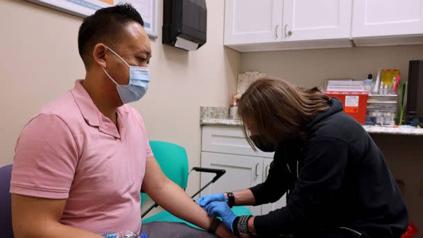 PHOTO: In this Aug. 19, 2022, file photo, a man receives the monkeypox vaccine from a registered nurse at the Arlene Cooper Community Health Center at the LGBTQ Center in Las Vegas. (K.M. Cannon/Las Vegas Review-Journal via TNS via Getty Images, FILE)