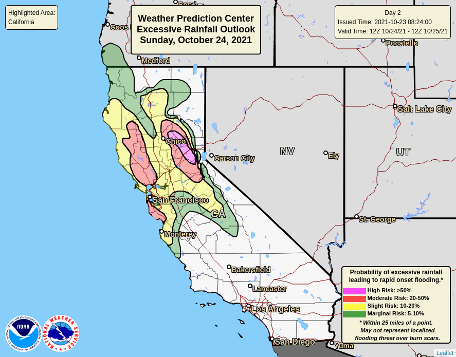 Millions of people in California live in areas that are at risk of excessive rainfall and flash flooding on Sunday, according to the National Weather Service.