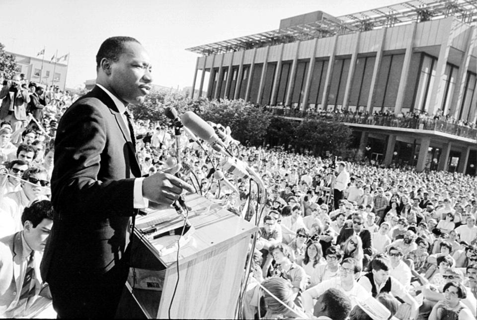 Martin Luther King, Jr. speaks to a crowd of about 7,000 people on May 17, 1967 at UC Berkeley's Sproul Plaza