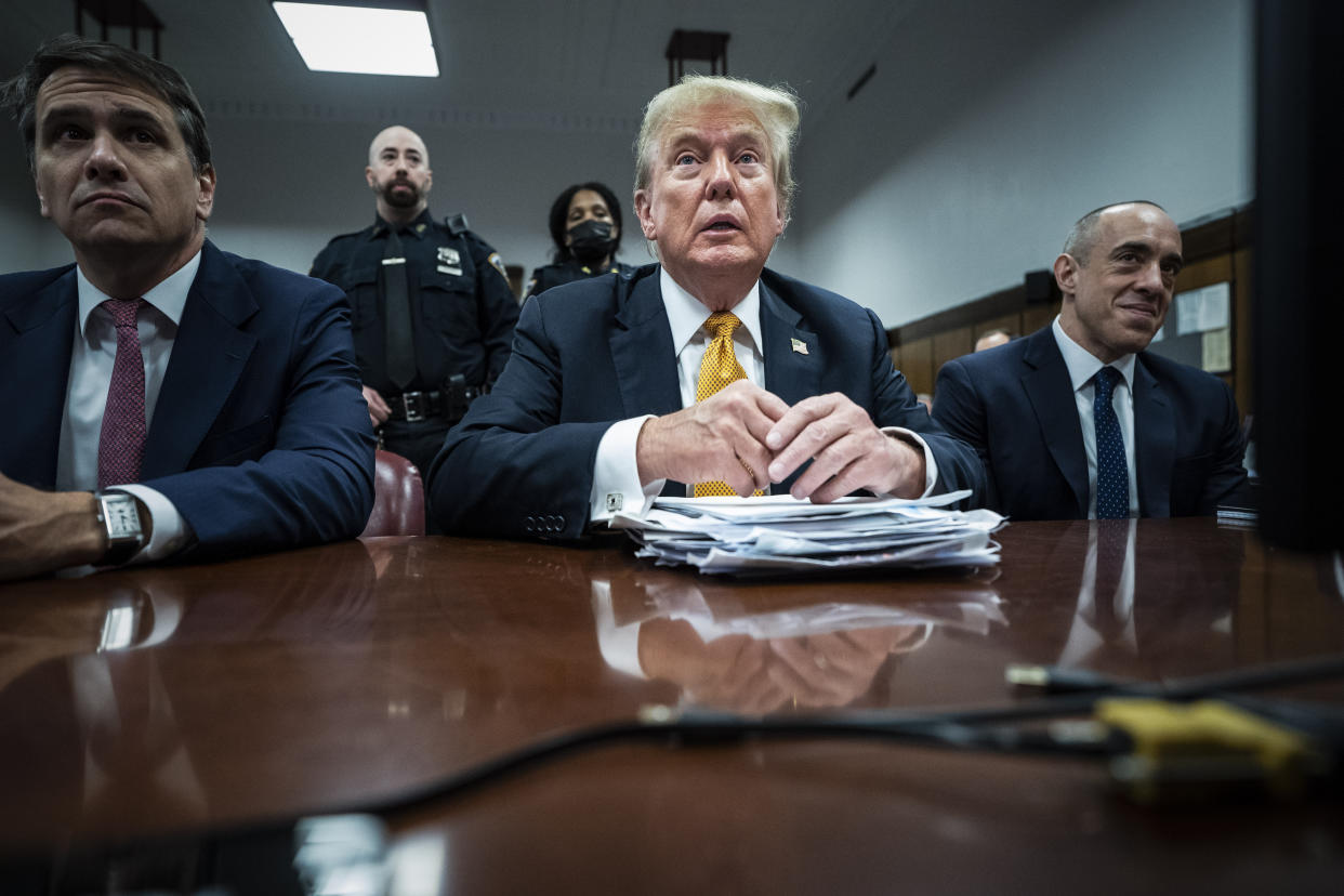 Former President Donald Trump sits in Manhattan Criminal Court in New York, Wednesday, May 29, 2024. (Jabin Botsford/The Washington Post via AP, Pool)