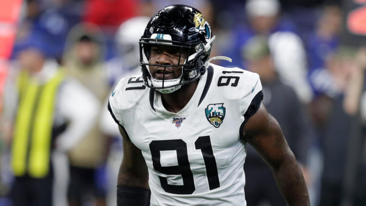 Mandatory Credit: Photo by Michael Conroy/AP/Shutterstock (10477636hr)Jacksonville Jaguars defensive end Yannick Ngakoue (91) in action during the first half of an NFL football game against the Indianapolis Colts, in IndianapolisJaguars Colts Football, Indianapolis, USA - 17 Nov 2019.