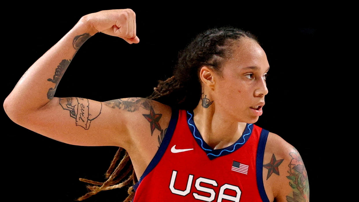 Brittney Griner raises her arm in a closed fist during a game against Australia at Saitama Super Arena in their Tokyo 2020 Olympic women's basketball quarterfinal game in Saitama, Japan on August 4, 2021. (Brian Snyder/AP)