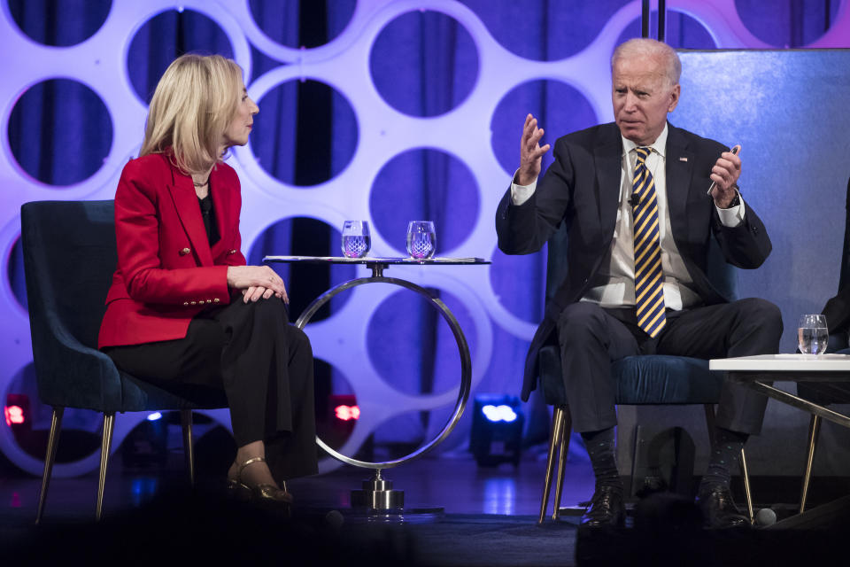 FILE - In this April 11, 2019, file photo University of Pennsylvania President Amy Gutmann and Former Vice President Joe Biden take part in a forum on the opioid epidemic, at the University of Pennsylvania in Philadelphia. President Joe Biden on Friday, July 2, 2021, announced he's nominating Gutmann to serve as U.S. ambassador to Germany. (AP Photo/Matt Rourke, File)