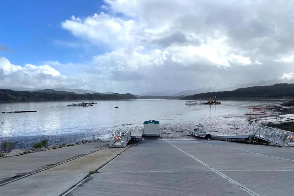 The boat launch at Lake Cachuma is nearly back in the water, and will be soon as the lake level continues to rise. Officials expect the lake to fill and spill by the weekend.