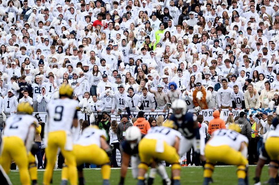 The Penn State student section cheers and tries to distract the Michigan offense during the game on Saturday, Nov. 11, 2023.