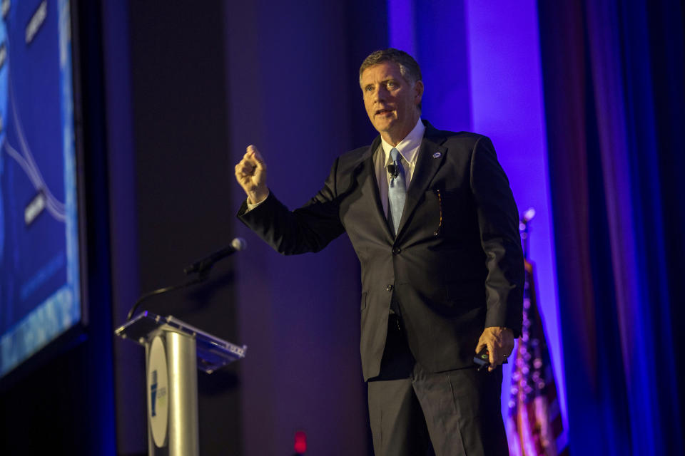 In this photo provided by the Georgia Ports Authority, Griff Lynch, President and CEO of the Georgia Ports Authority, provides an update on the Port of Savannah's progress and future trajectory to 1,200 leaders from the maritime, supply chain, business and political sectors Thursday, Oct. 12, 2023, during the annual State of the Port event in Savannah, Ga. (Stephen B. Morton/Georgia Ports Authority via AP)