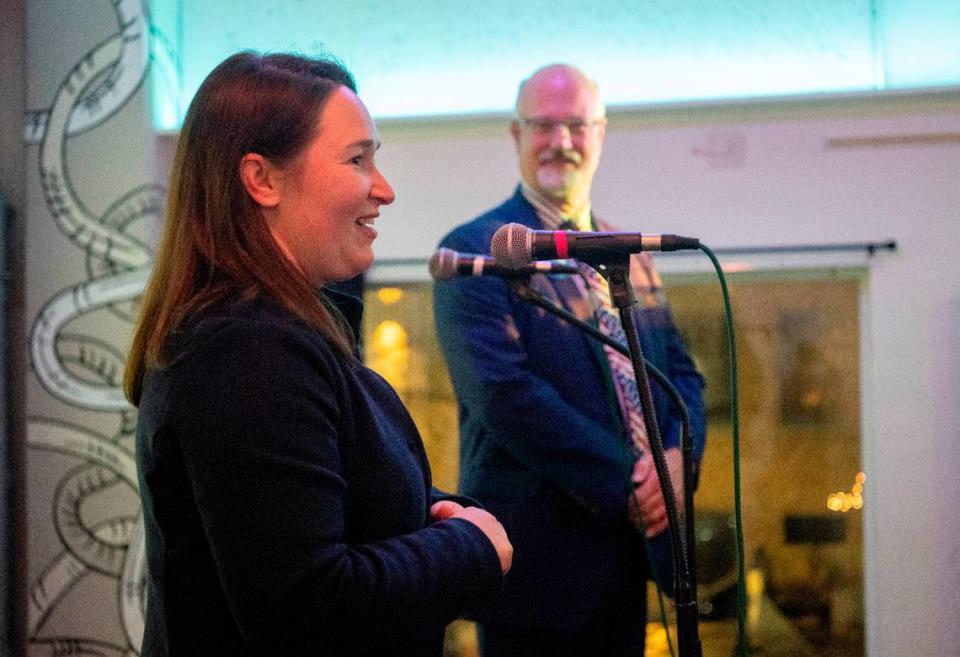 Amber Concepcion thanks voters for being elected as a commissioner the Centre County Democrats’ Election Night party on Tuesday, Nov. 7, 2023 at 3 Dots Downtown.