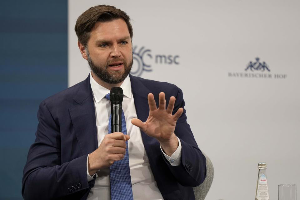 U.S. Sen. J. D. Vance speaks at the Munich Security Conference at the Bayerischer Hof Hotel in Munich, Germany, Sunday, Feb. 18, 2024. (AP Photo/Matthias Schrader)