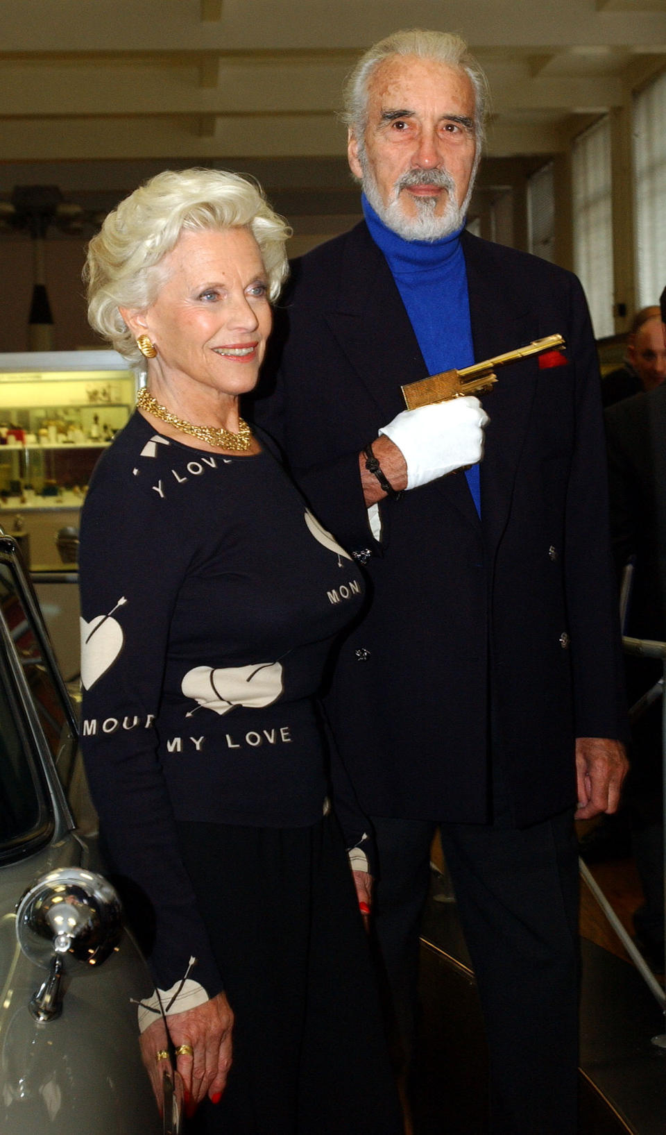 File photo dated 15/10/02 of Honor Blackman, who played Pussy Galore in Goldfinger with Christopher Lee who played Scaramanga in The Man with the Golden Gun, during the press viewing of the 'Bond, James Bond' exhibition at the Science Museum in London. Former Bond girl Honor Blackman, best-known for playing Bond girl Pussy Galore, who has died aged 94, her family said.