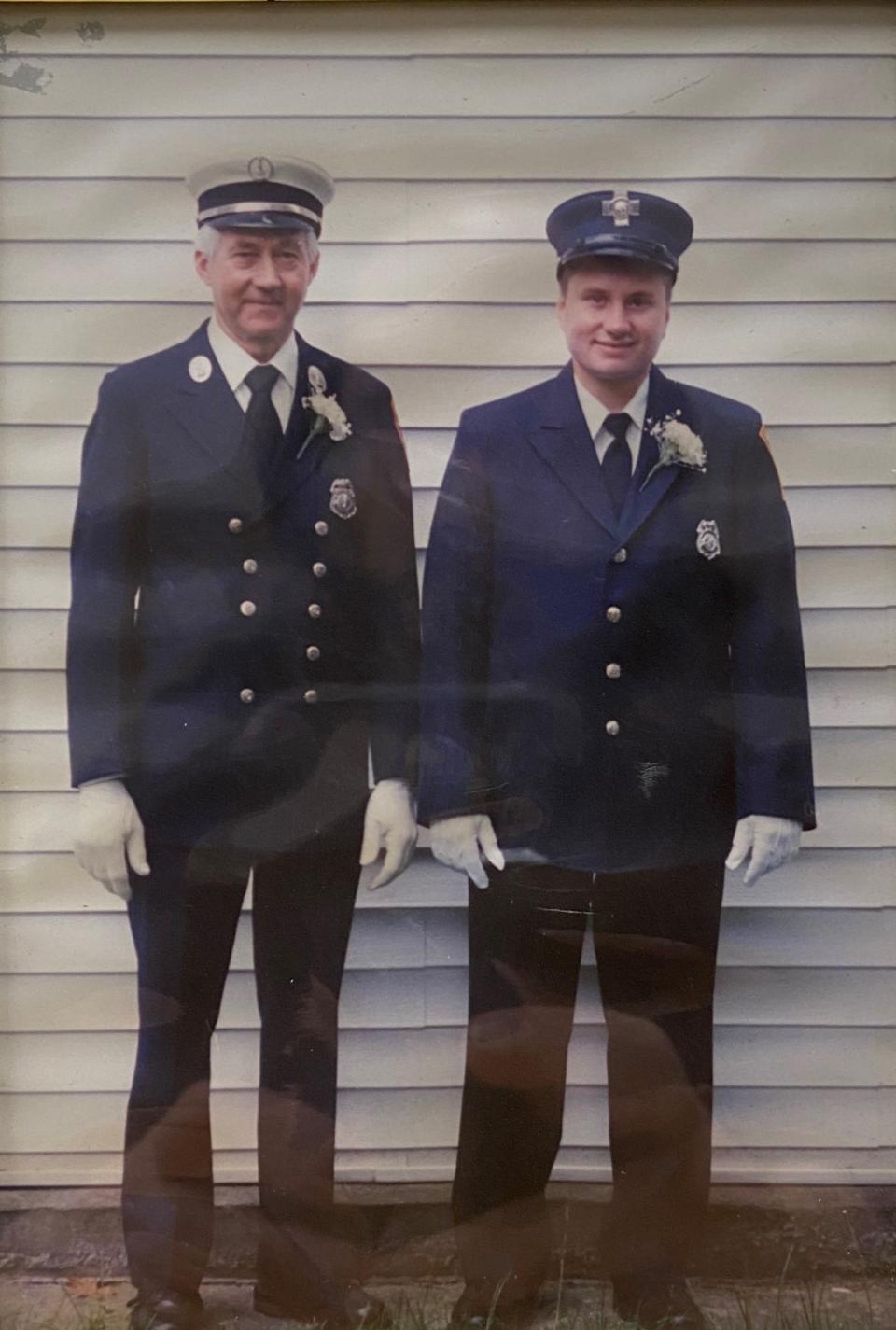 This photograph was taken in 1996 of William Pittsley, left, and his son Michael Pittsley when they were both serving on the Taunton Fire Department. William retired in 1997 as a lieutenant and Michael, who joined the department in 1996, continues to serve.