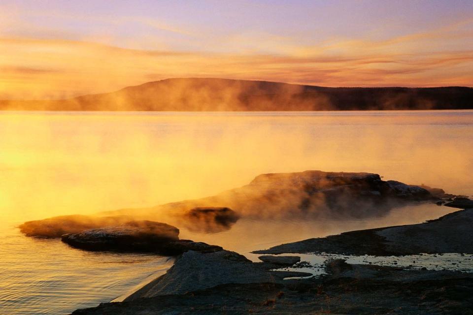 Steam Rising from Yellowstone Lake at sunrise