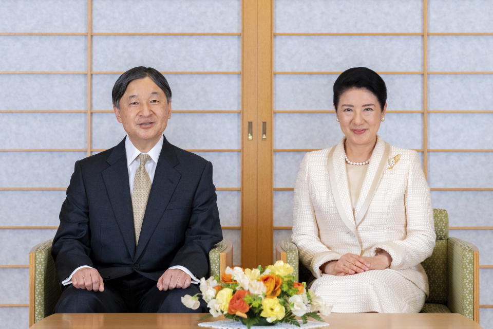 In this photo provided by the Imperial Household Agency of Japan, Japan's Emperor Naruhito poses for a photograph with Empress Masako at the Imperial Palace in Tokyo, Japan, Thursday, Feb. 16, 2023, ahead of the Emperor's 63rd birthday on Feb. 23. (Imperial Household Agency of Japan via AP)