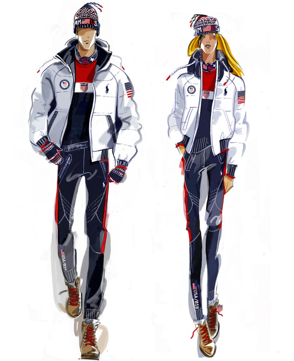 <p>This is a sketch of the uniforms, designed by Ralph Lauren, that Team USA will wear for the closing ceremony. (Photo: courtesy of Ralph Lauren) </p>