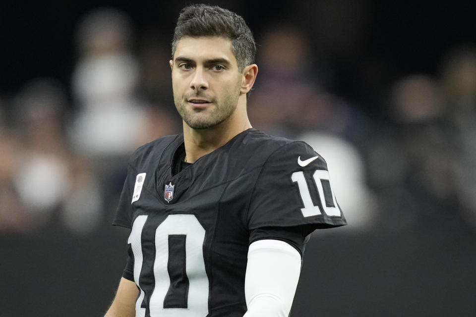 FILE - Las Vegas Raiders quarterback Jimmy Garoppolo looks on before an NFL football game against, Jan. 7, 2024, in Las Vegas. The Las Vegas Raiders have released Garoppolo on Wednesday, March 13, 2024. (AP Photo/John Locher, File)