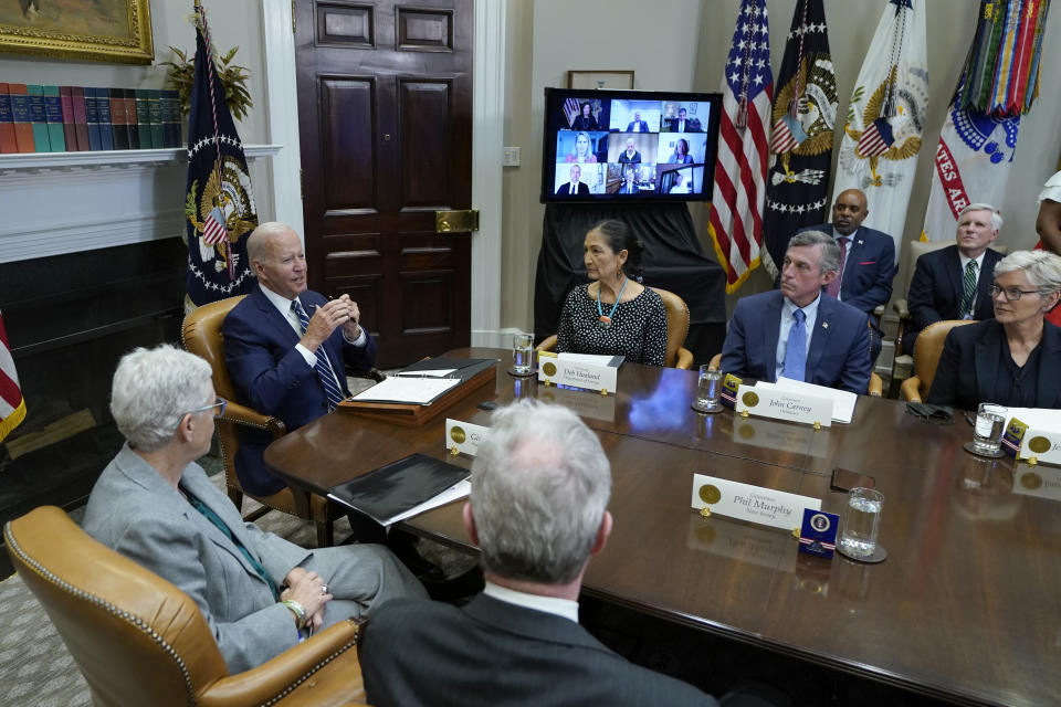 President Joe Biden speaks during a meeting in the Roosevelt Room of the White House in Washington, Thursday, June 23, 2022, with governors, labor leaders, and private companies launching the Federal-State Offshore Wind Implementation Partnership. The new partnership focuses on boosting the offshore wind industry. (AP Photo/Susan Walsh)