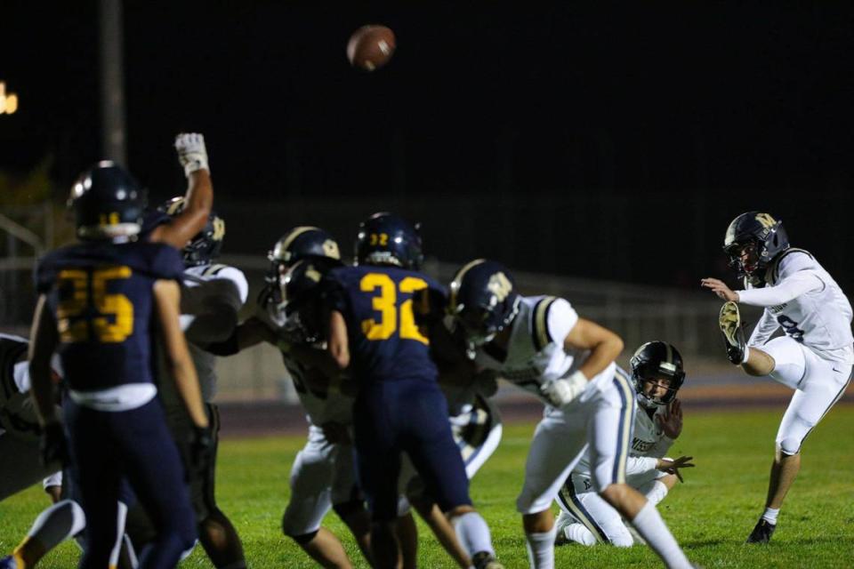 Mason Taylor kicks a field goal, the lone score for the Royals. Arroyo Grande beat Mission Prep 10-3 in a high school football game on Oct. 13, 2023.