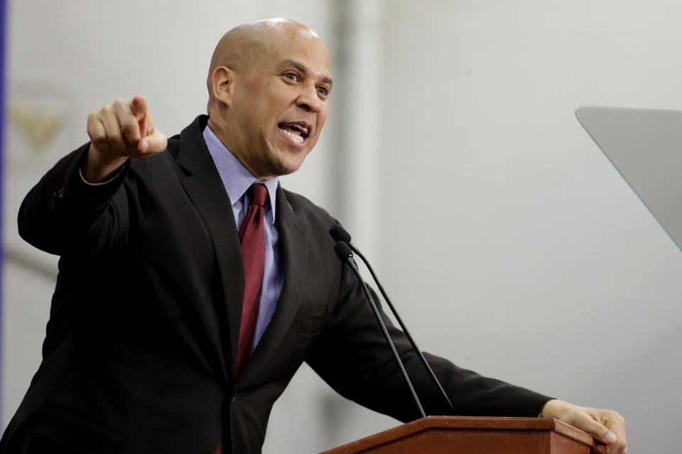 Sen. Cory Booker, D-N.J., speaks during an event kicking off New Jersey Sen. Bob Menendez’s campaign for re-election at Union City High School, Wednesday, March 28, 2018, in Union City, N.J. (Photo: Julio Cortez/AP)