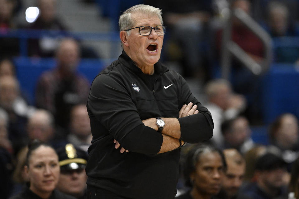 UConn head coach Geno Auriemma calls out to his team in the second half of an NCAA college basketball game against Dayton, Wednesday, Nov. 8, 2023, in Hartford, Conn. (AP Photo/Jessica Hill)