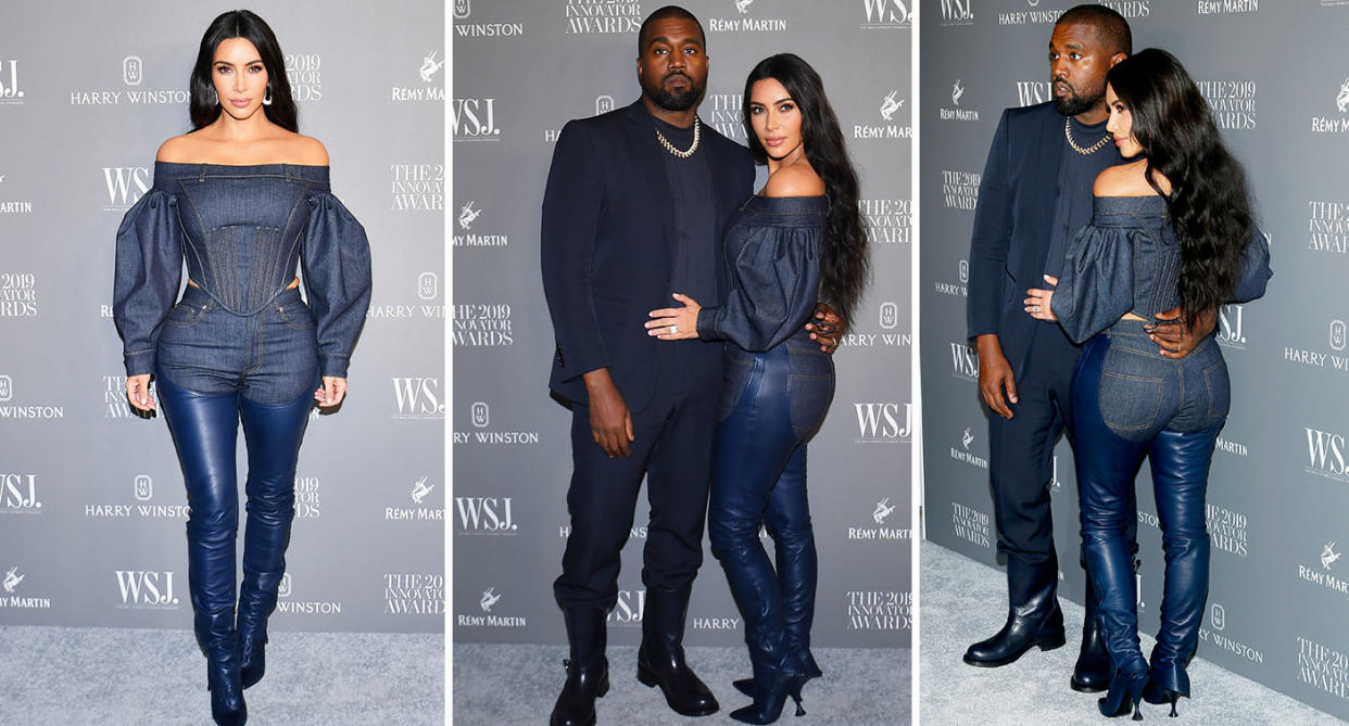 Kim Kardashian wore a denim and leather chaps look designed by Burberry. [Photo: Getty]