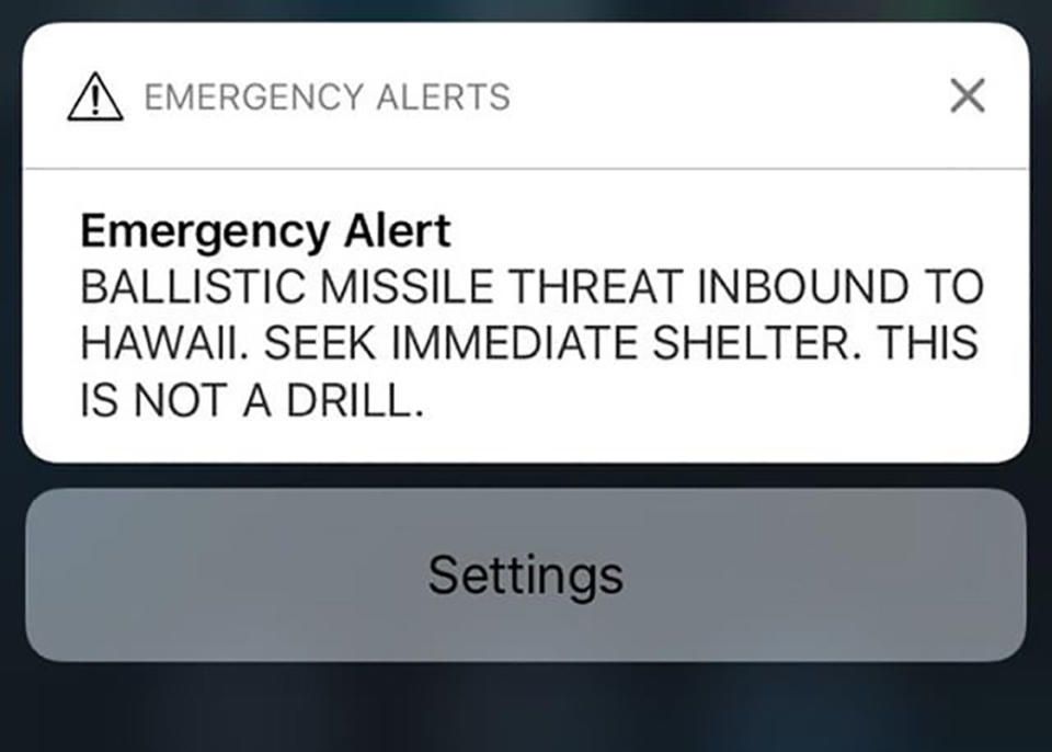 A screen shot taken by Alison Teal shows an alert text message sent to all Hawaiian citizens on January 13, 2018. (Credit: Alison Teal/AFP via Getty Images)