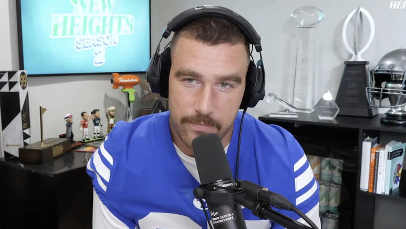 Kansas City Chiefs tight end Travis Kelce wore a BYU jersey during a recording session for his podcast, “New Heights,” during the 2023 season.