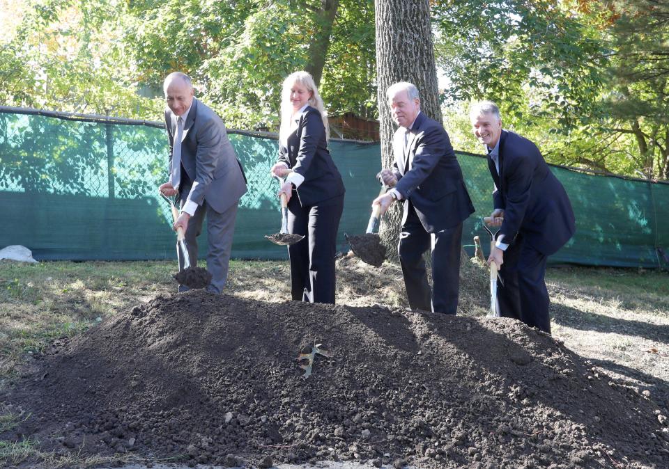 County Executive Ed Day, center right, flanked by facilities director Bob Gruffi, Hi-Tor board president Debbie DiBernado and County Legislature majority leader Jay Hood ceremoniously break ground on the new Hi-Tor Animal Care Center facility in Pomona on Thursday, October 21, 2021.  A six-week bidding period for developers and contractors was just announced.